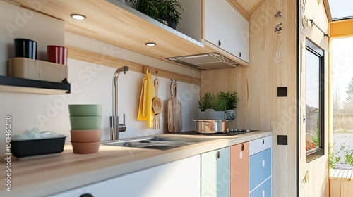 Close-up of tiny house kitchen, compact design, modern materials, pastel highlights