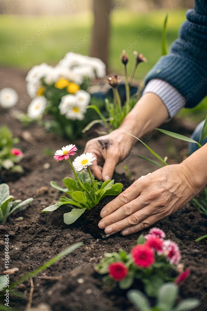 Fototapeta premium Planting Flowers in the Garden A Gentle Touch of Nature