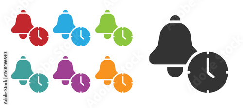 Black Alarm clock icon isolated on white background. Wake up, get up concept. Time sign. Set icons colorful. Vector