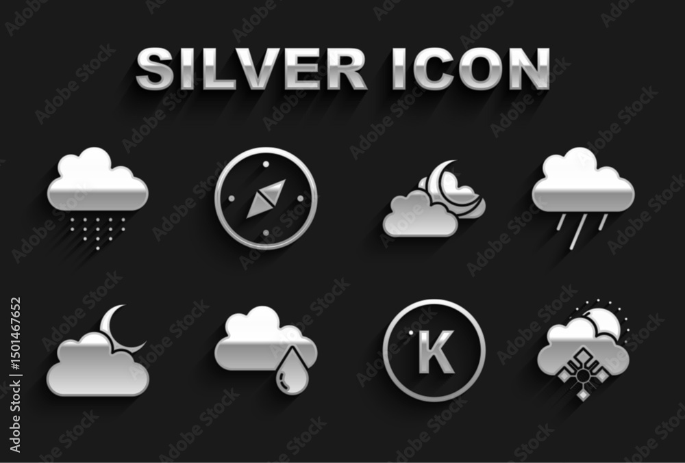 Set Cloud with rain, snow and sun, Kelvin, moon, and Compass icon. Vector Set Cloud with rain, snow and sun, Kelvin, moon, and Compass icon. Vector