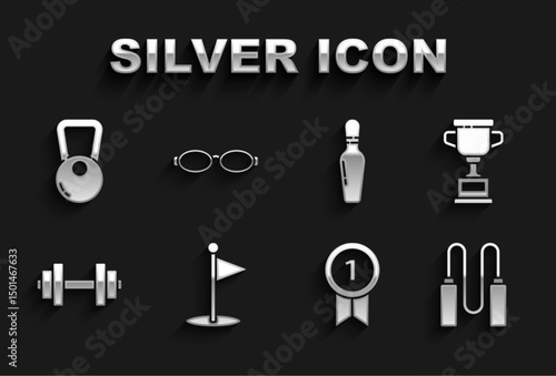 Set Golf flag, Award cup, Jump rope, Medal, Dumbbell, Bowling pin, Kettlebell and Glasses for swimming icon. Vector