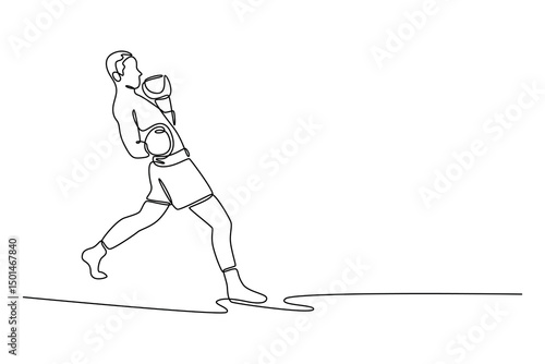Continuous one line drawing attractive male boxer doing dodging punch skill training at the gym. Boxing workout and practicing self control process. Single line draw design vector graphic illustration