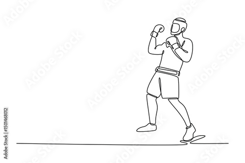 Continuous one line drawing male boxer wearing protective head guard and gloves practicing dodging punch at boxing club. Professional sport at gym. Single line draw design vector graphic illustration