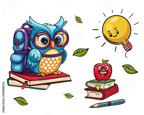 Cute Cartoon Owl with Books, Apple, and Lightbulb – Fun School Illustration for Educational Materials, Kids Posters, and Stationery Design