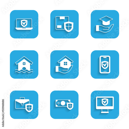 Set House in hand, Money with shield, Insurance online, Briefcase, flood, Education grant and icon. Vector