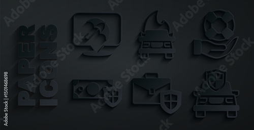 Set Briefcase with shield, Lifebuoy in hand, Money, Car insurance, Burning car and Umbrella icon. Vector