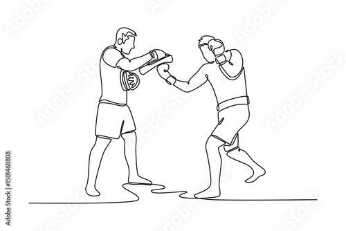 Single continuous line drawing boxer practicing uppercut punch drills with a personal trainer. Male boxer throwing punches on pads during training session. One line graphic design vector illustration