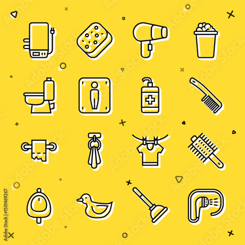 Set line Shower, Hairbrush, dryer, Male toilet, Toilet bowl, Electric boiler and Hand sanitizer bottle icon. Vector