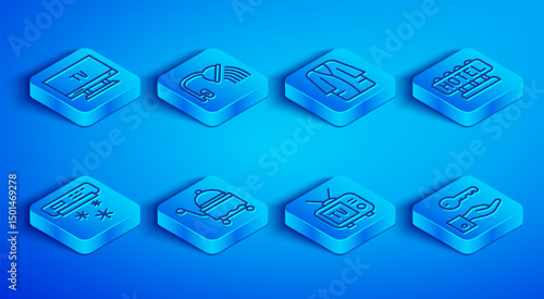 Set line Smart Tv, Shower head, Bathrobe, Covered with tray, Retro tv, Signboard text Hotel, Air conditioner and door lock key icon. Vector