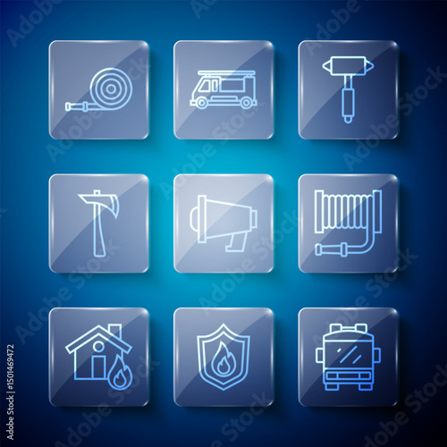 Set line Fire in burning house, protection shield, truck, Firefighter axe, Megaphone, hose reel and icon. Vector