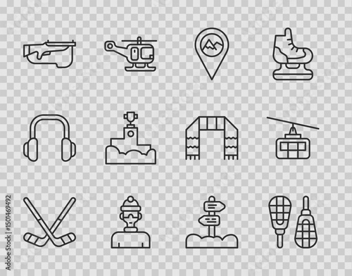 Set line Ice hockey sticks, Snowshoes, Location with mountain, Winter athlete, Biathlon rifle, Award winner podium, Road traffic signpost and Cable car icon. Vector