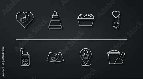 Set line Baby inside heart, Monitor Walkie Talkie, clothes pin, dummy pacifier, Ultrasound of baby, Pyramid toy, Sand bucket with shovel and bathtub icon. Vector