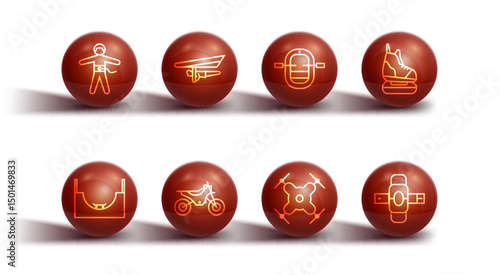 Set line Bungee jumping, Skate park, Skates, Drone flying, Mountain bike, Hang glider, Knee pads and Rafting boat icon. Vector
