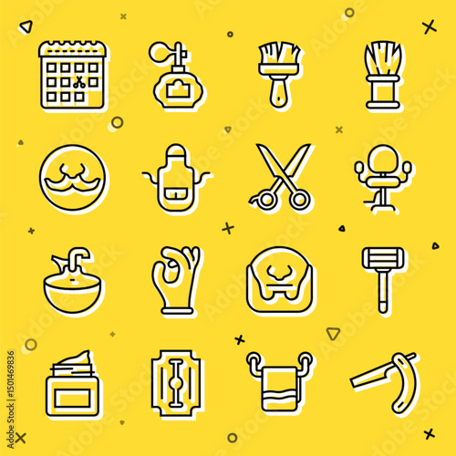 Set line Straight razor, Shaving, Barbershop chair, brush, apron, Mustache, Calendar with haircut day and Scissors hairdresser icon. Vector