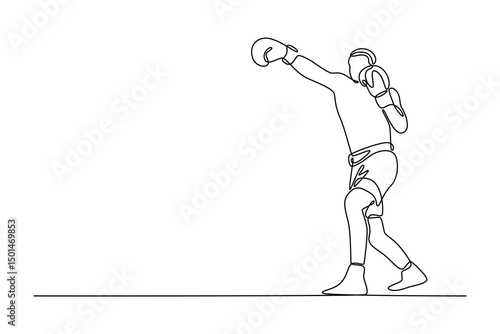 Single one line drawing muscular shirtless man boxer practicing jab punch before match, training with intensity. Professional sport, active lifestyle. Continuous line draw design vector illustration