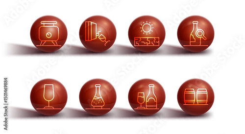 Set line Fermentation of grapes, Wine glass, Bottle wine, bottle with, Decanter for, tasting, degustation, Wooden barrel and Drought icon. Vector