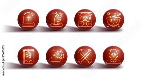 Set line Tombstone with RIP written, Guillotine, Halloween witch cauldron, Crossed bones, Moon and stars, Zombie hand, Priest and Witch icon. Vector