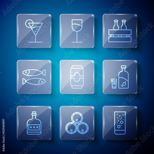 Set line Alcohol drink Rum bottle, Wooden barrels, Effervescent tablets water, Pack of beer bottles, Beer can, Dried fish, Martini glass and Vodka with pepper and icon. Vector