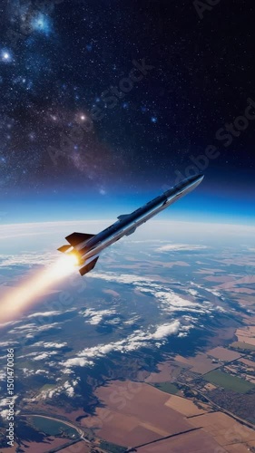 Sleek space rocket soars through the sky with fiery tail over vast fields, vertical video