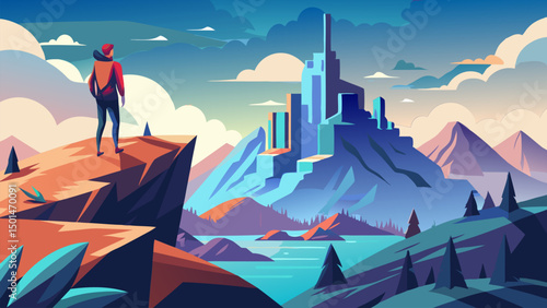 Hiker Admiring Futuristic City in Mountainous Landscape
