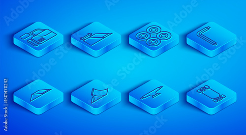 Set line Cinema camera, Skate park, Skateboard wheel, Tool allen keys, and Longboard or skateboard icon. Vector