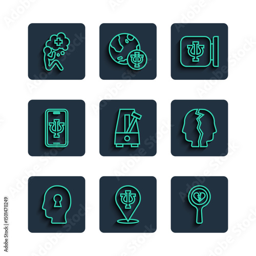 Set line Solution to the problem, Psychology, Psi, Broken heart or divorce, Metronome with pendulum, Psychologist online, Helping hand and Bipolar disorder icon. Vector