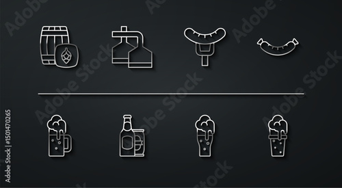 Set line Wooden barrel, beer mug, Sausage, Glass of, Beer bottle and can, brewing process, and on the fork icon. Vector