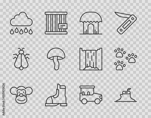 Set line Monkey, Tree stump, African hut, Hunter boots, Cloud with rain, Mushroom, Safari car and Paw print icon. Vector