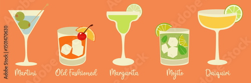 Flat vector illustration of cocktails. Martini, old fashioned, margarita, mojito, and daiquiri. Hand drawn alcoholic beverage icons. Summer party drink clipart for bar menu, invitations. 