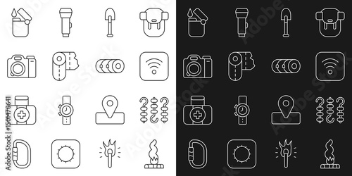 Set line Campfire, Grilled shish kebab on skewer, Wi-Fi wireless internet, Shovel, Paper towel roll, Photo camera, Lighter and Blanket icon. Vector