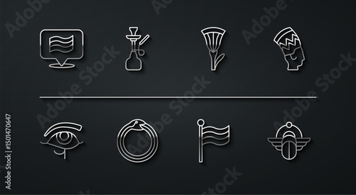 Set line Flag Of Egypt, Eye of Horus, Nefertiti, Magic symbol Ouroboros, Hookah, Egyptian Scarab and lotus icon. Vector