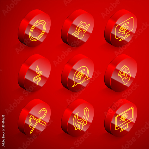 Set line Magic symbol of Ouroboros, Egyptian Scarab, Eye Horus, Snake, Nefertiti, Crook and flail and necklace icon. Vector