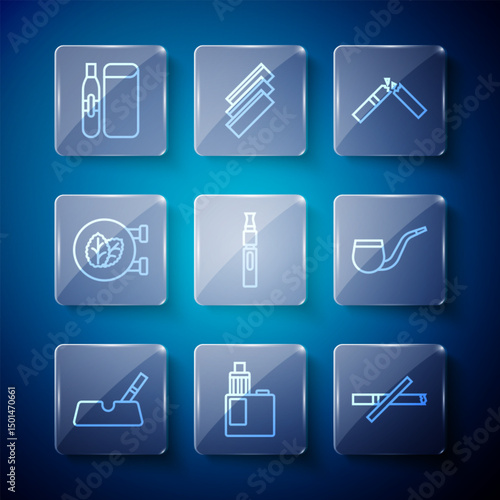 Set line Ashtray with cigarette, Vape mod device, No smoking, Broken, Electronic, Tobacco leaf shop, and pipe icon. Vector