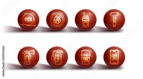 Set line Emergency call, Fire extinguisher, Hammer, bucket, No fire, Mobile emergency 911 and Walkie talkie icon. Vector