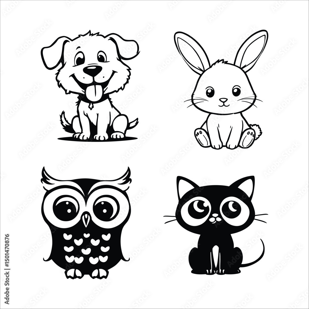 Fototapeta premium Cute animals dog rabbit owl cat vector illustration drawing cartoon pet graphic design outline adorable art