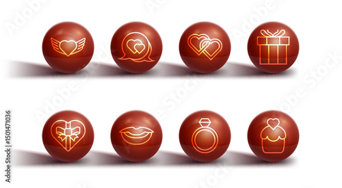 Set line Heart with wings, Candy heart shaped box, Gift, Wedding rings, Smiling lips, speech bubble, cake and Two Linked Hearts icon. Vector