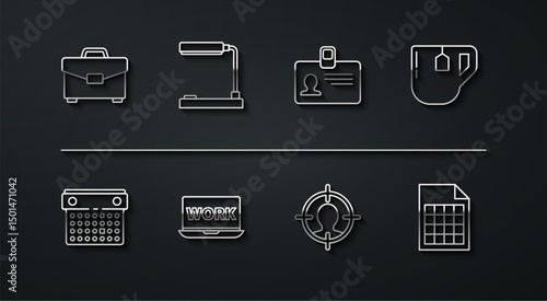 Set line Briefcase, Calendar, Cup of tea with tea bag, Head hunting concept, Laptop text work, Table lamp, File document and Identification badge icon. Vector