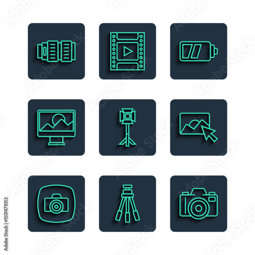 Set line Photo camera, Tripod, Battery for, Studio light bulb in softbox, retouching, Camera photo lens and icon. Vector