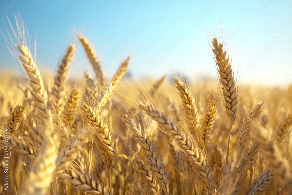Golden wheat stalks sway gently in the summer breeze beneath a clear blue sky. This vibrant wheat field is depicted with depth of field blur, creating a serene and peaceful atmosphere Golden wheat stalks sway gently in the summer breeze beneath a clear blue sky. This vibrant wheat field is depicted with depth of field blur, creating a serene and peaceful atmosphere