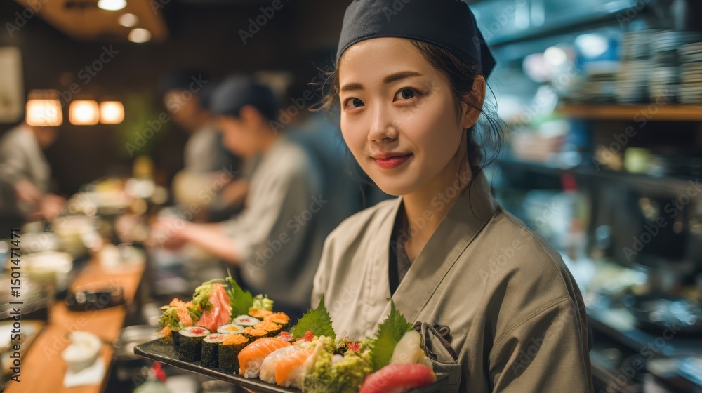 Obraz premium Elegant Japanese female chef with long hair tied back, wearing a clean modern uniform, holding a platter of colorful sushi in a stylish restaurant kitchen, soft warm lighting