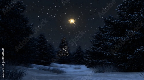 Night sky with a radiant north star above snowy trees