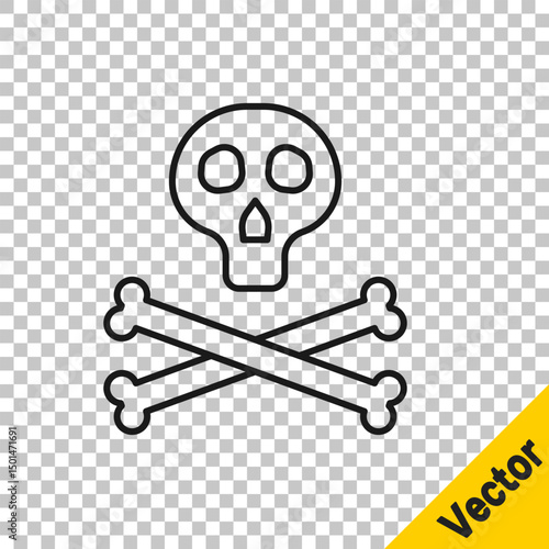 Black line Bones and skull as a sign of toxicity warning icon isolated on transparent background. Vector