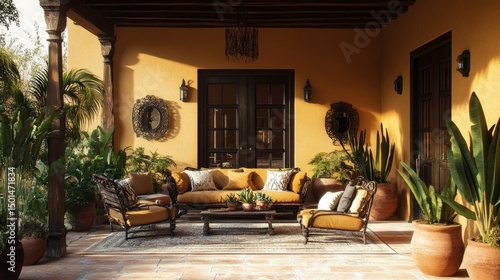 Flat lay of rustic Spanish courtyard-style living room, clay pots, warm ochres, iron details