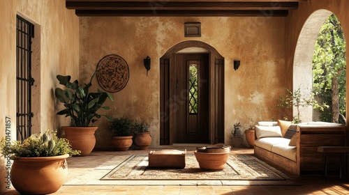 Flat lay of rustic Spanish courtyard-style living room, clay pots, warm ochres, iron details