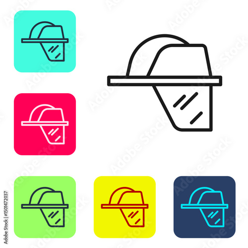 Black line Firefighter helmet or fireman hat icon isolated on white background. Set icons in color square buttons. Vector