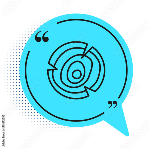 Black line Wooden logs icon isolated on white background. Stack of firewood. Blue speech bubble symbol. Vector