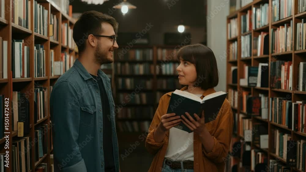 Two people talking in library, surrounded by bookshelves Two people talking in library, surrounded by bookshelves