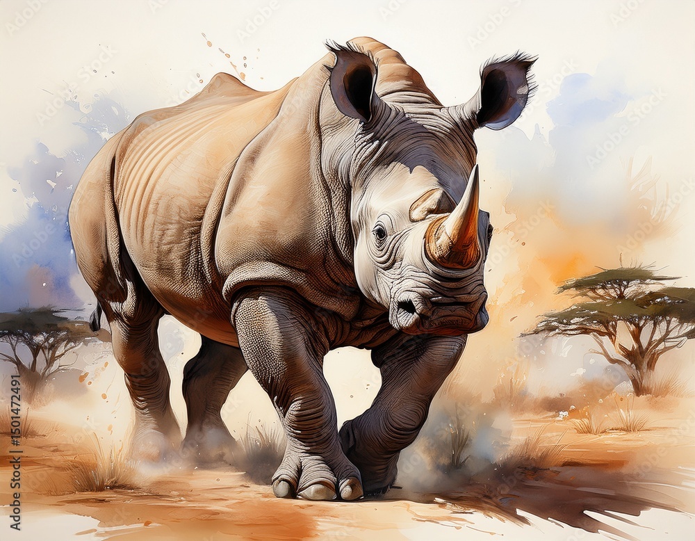 Fototapeta premium Starkes Nashorn in der Savanne – Aquarell Großtierportrait