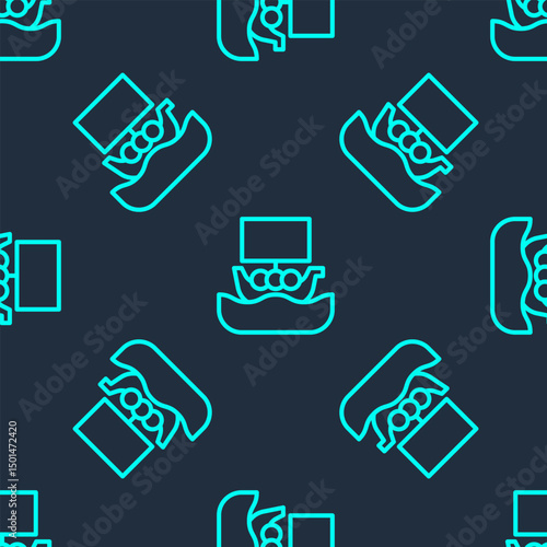 Green line Ancient viking scandinavian drakkar icon isolated seamless pattern on blue background. Viking transport ship. Vector