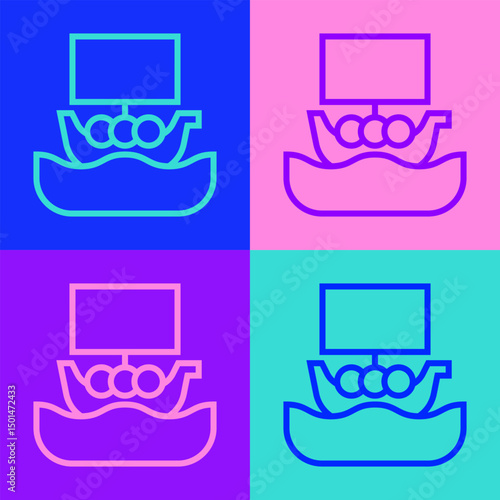 Pop art line Ancient viking scandinavian drakkar icon isolated on color background. Viking transport ship. Vector
